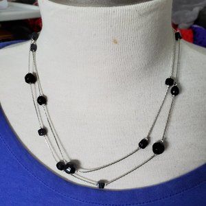 16" Silver Tone Layered Black Glass Bead Necklace Casual Women Fashion Design